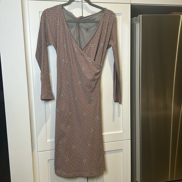 PATAGONIA Bay Laurel Faux Wrap Geometric Knot Back Stretch Dress Women Size L - Picture 2 of 13
